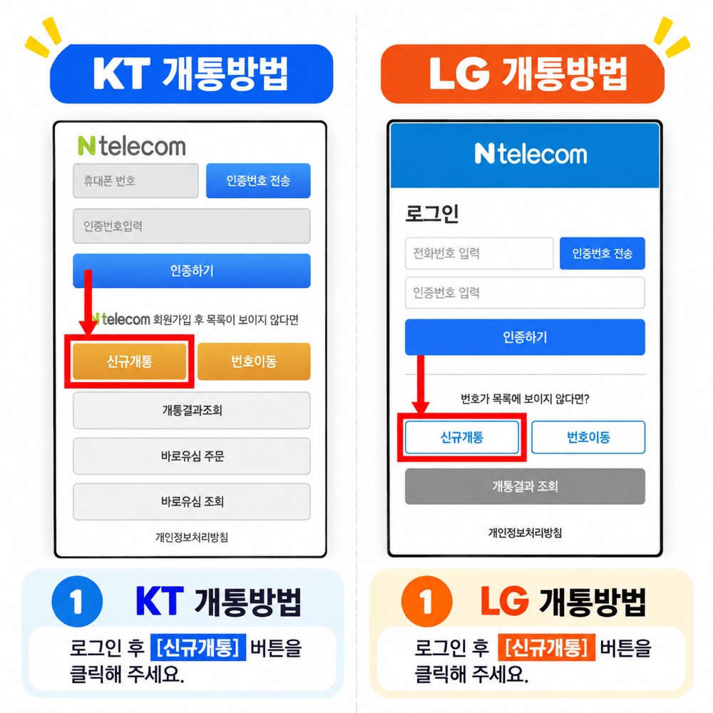 앤텔레콤 앱 로그인 후 신규개통 버튼을 선택하는 화면