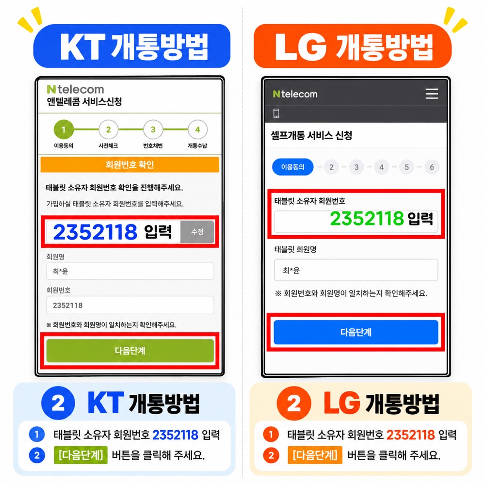 앤텔레콤 개통 접수 화면에서 태블릿 소유자 회원번호 2352118을 입력하는 모습